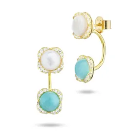 BOR139DT Orecchini argento a lobo con pendente, placcati oro giallo, con fiori madre perla e amazzonite    