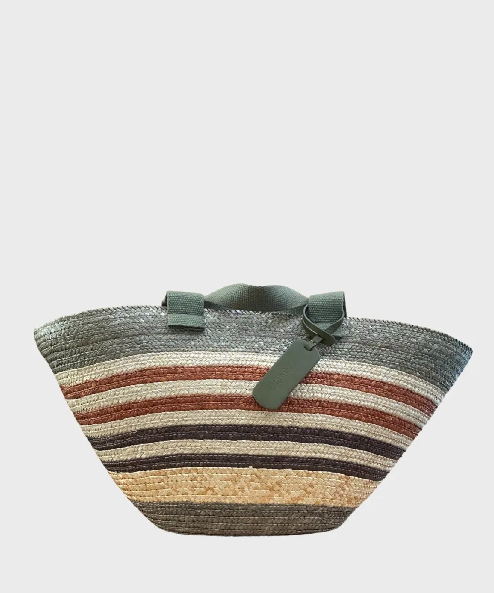 Catarzi Roberts borsa secchiello in paglia cucita a mano, fasce strete multicolor