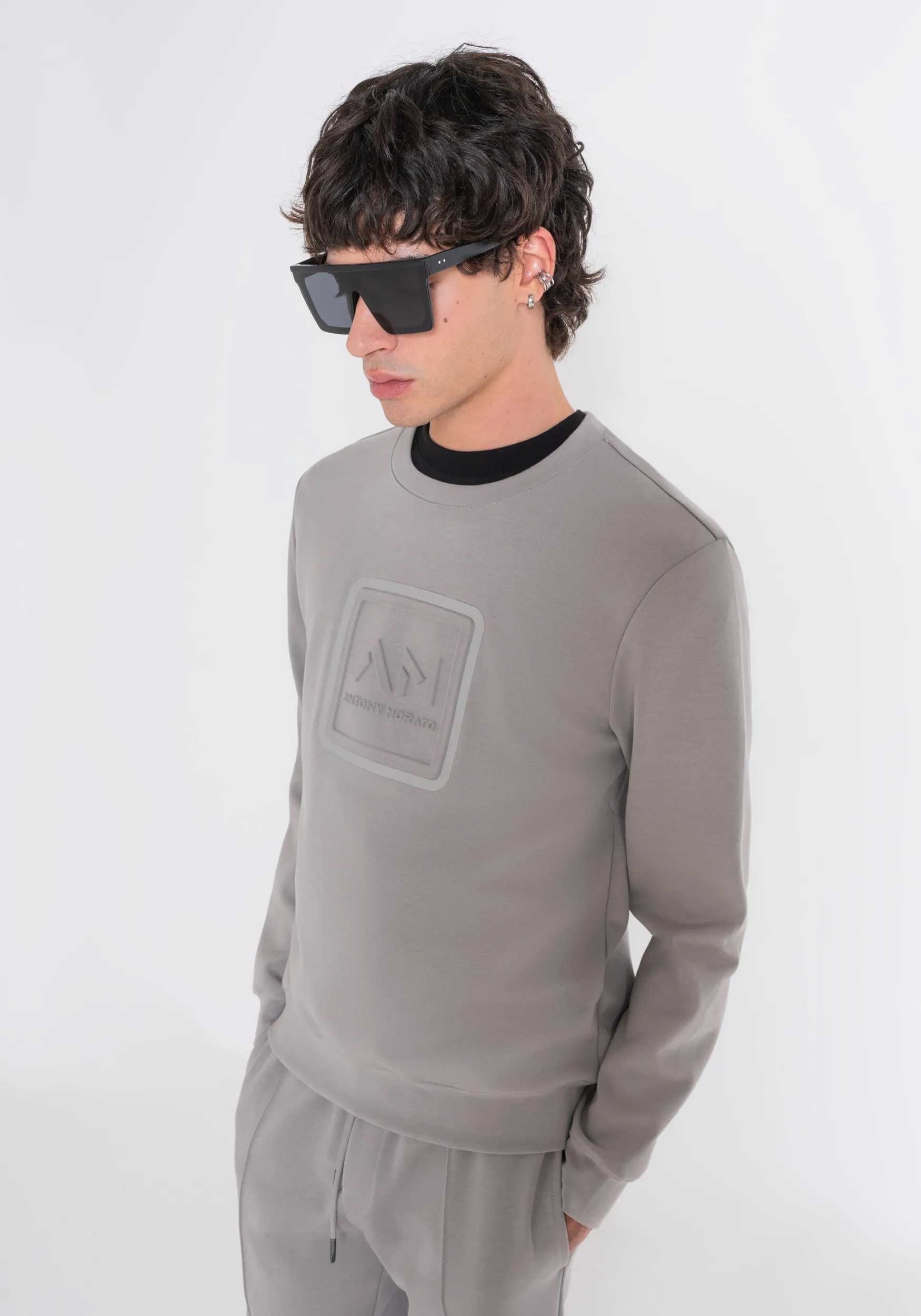 FELPA SLIM FIT IN MISTO COTONE GRIGIO CON LOGO RICAMATO