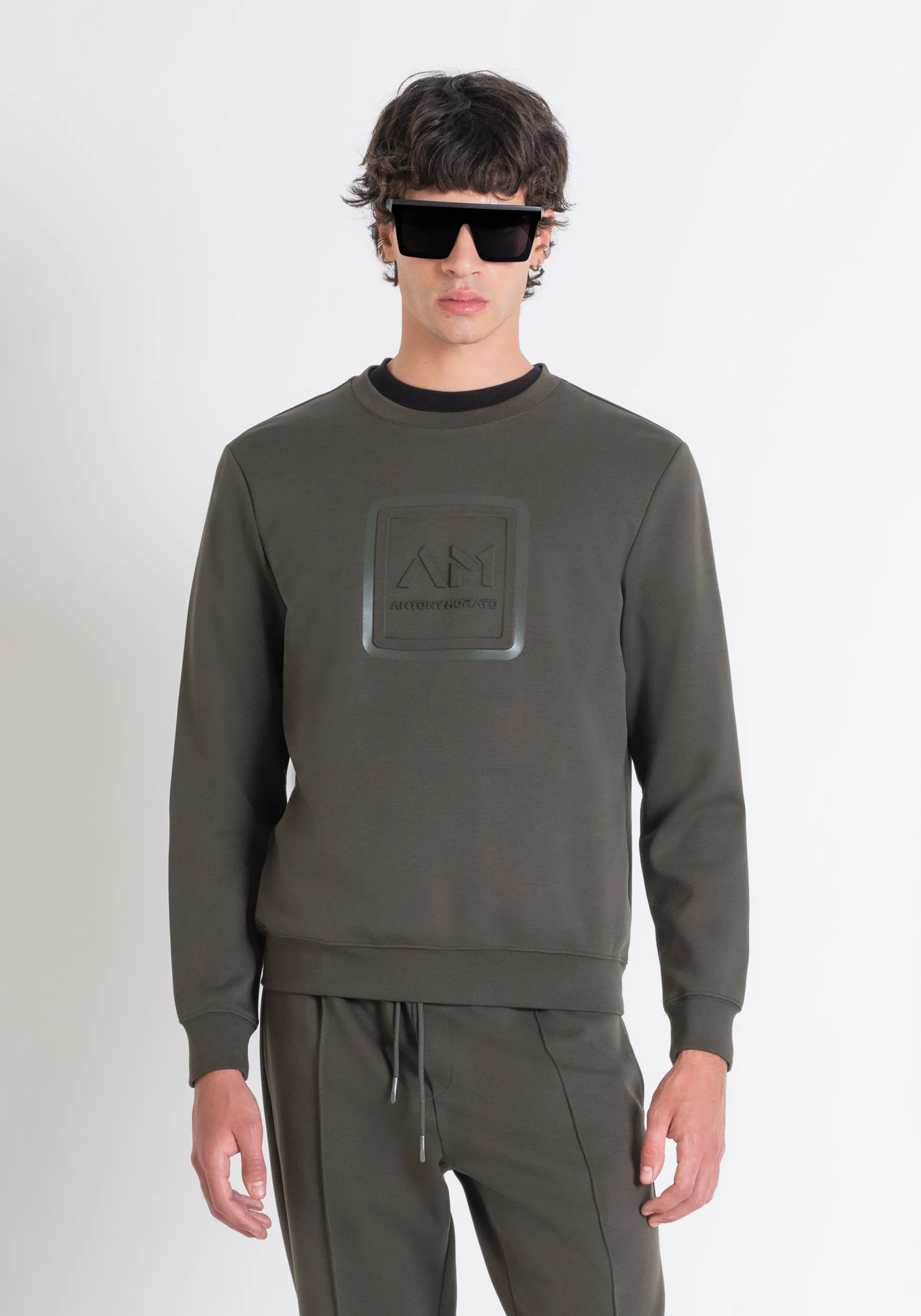 FELPA SLIM FIT IN MISTO COTONE VERDE CON LOGO RICAMATO