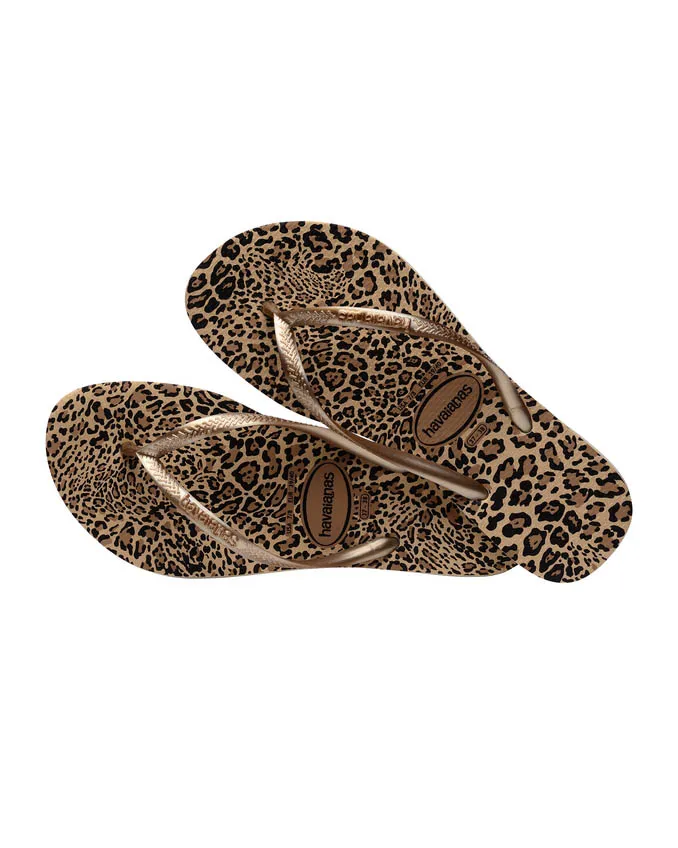 Havaianas Slim Animals con suola a stampa leopardata nero e oro con fascette bronzo
