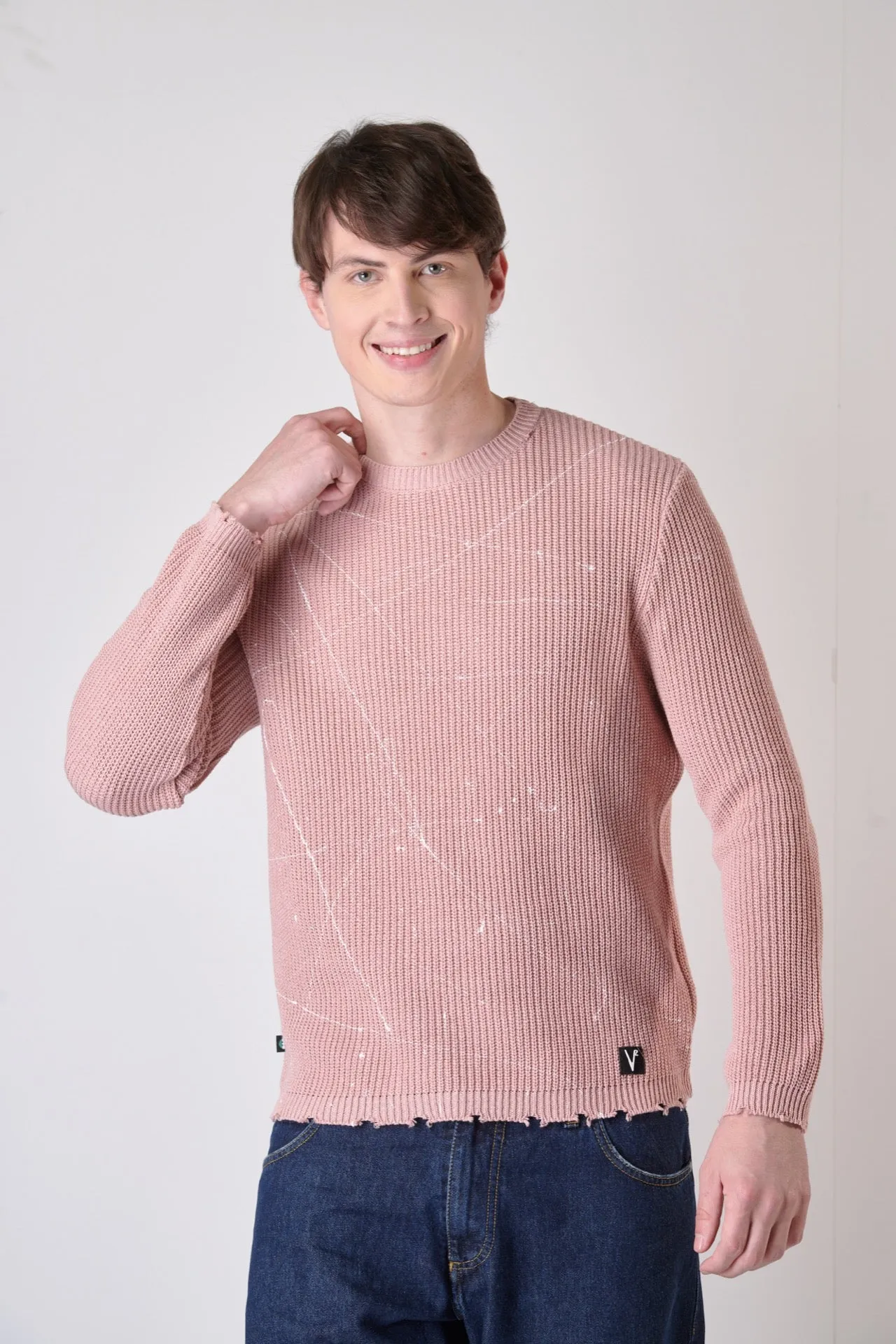 Maglioncino girocollo Rosa Cipria con Strappi e schizzi di vernice