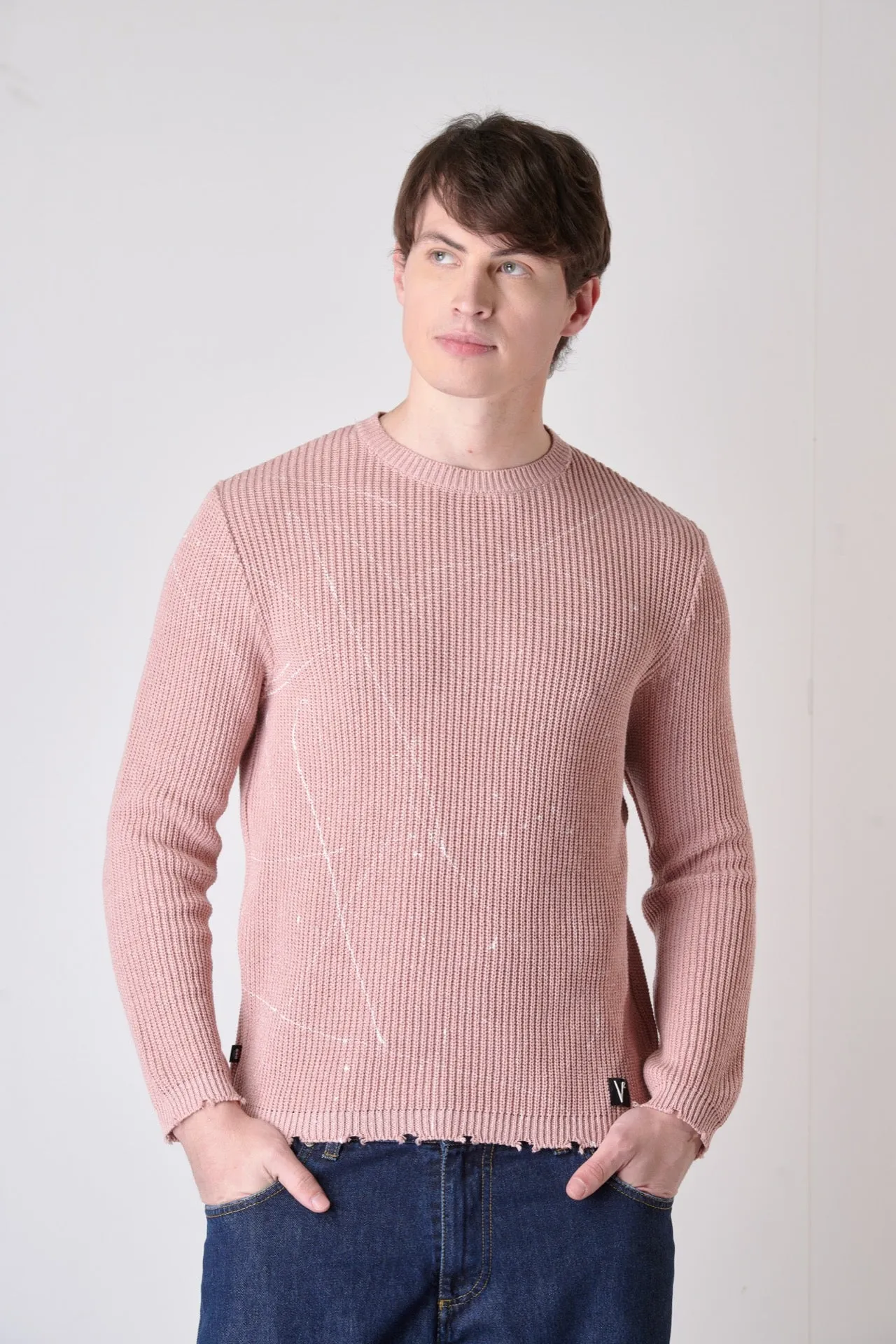 Maglioncino girocollo Rosa Cipria con Strappi e schizzi di vernice
