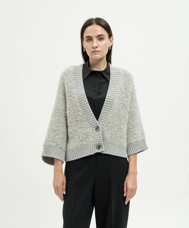Peserico Cardigan grigio in lana, seta e cashmere con lurex A99570F03A9208