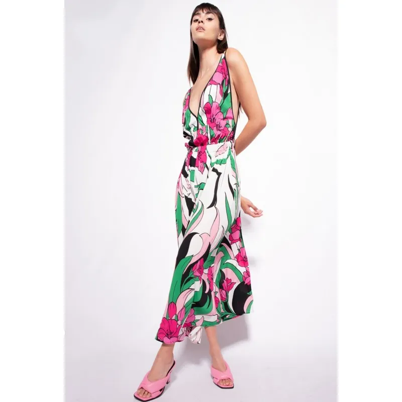 PINKO abito NOCCIOLO fluido stampa fiori MULTICOLOR NERO