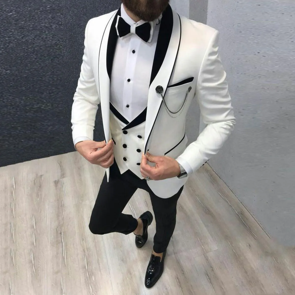 Smoking bianco e nero Grom per matrimonio Abiti da uomo formali bianchi e neri slim fit con pantaloni gilet doppiopetto F