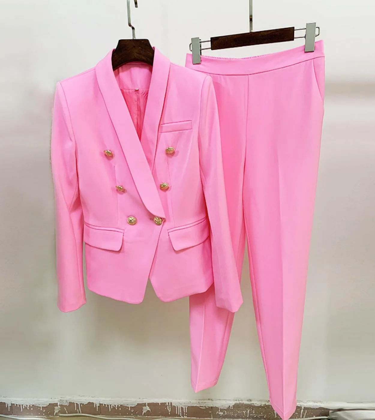 Tailleur Pantalone Rosa Nero Set Due Pezzi Donna Office Ladies Doppio Petto Bottoni Oro Blazer Nove Pantaloni Abiti Formali Alti