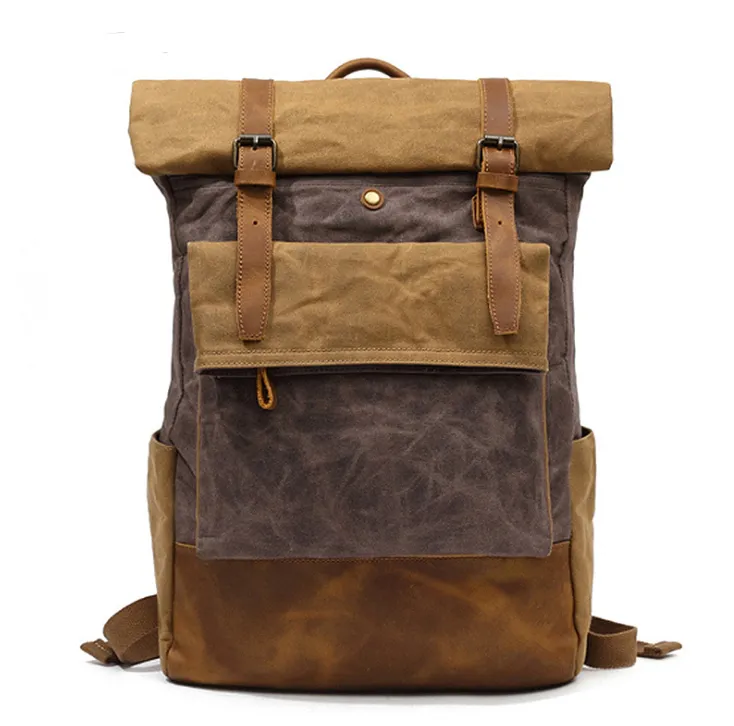 Zaino roll up a ribalta in tela canvas e pelle in stile vintage